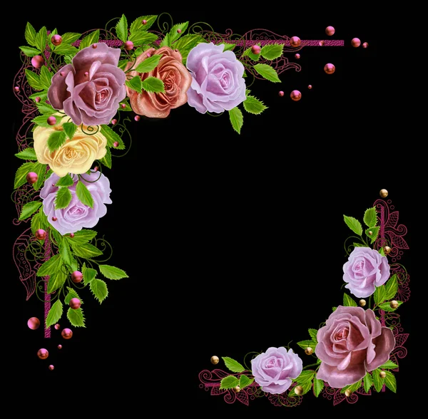 Garland of colored roses in the shape of the corner. Old style. Corner ornament. Pastel shades. — Stock Photo, Image