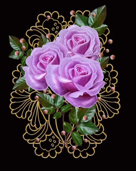 Μπουκέτο πολύχρωμες τριανταφυλλιές σε ένα χρυσό πλαίσιο. Floral φόντο. — Φωτογραφία Αρχείου