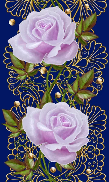 Borda floral vertical. Padrão, sem costura. Ornamento de rosas, cachos dourados . — Fotografia de Stock