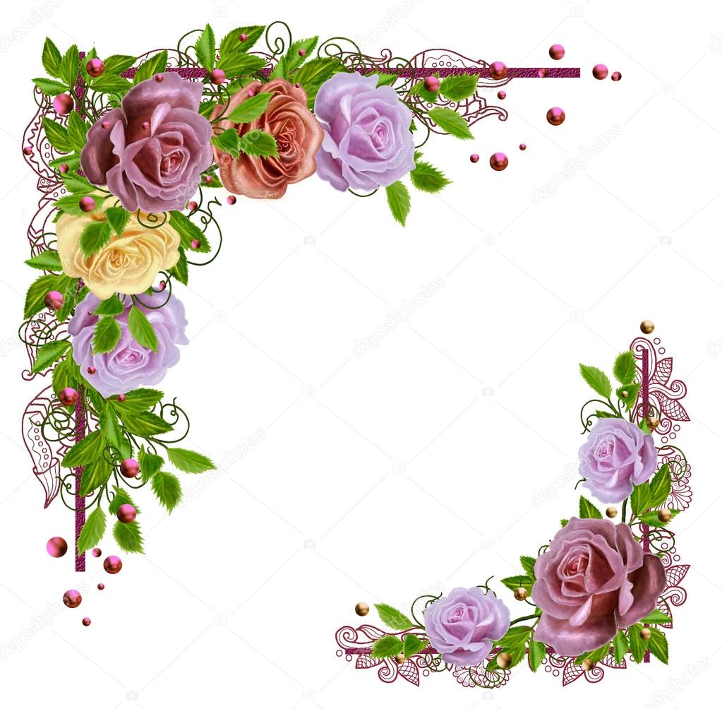 Garland of colored roses in the shape of the corner. Old style. Corner ornament. Pastel shades.