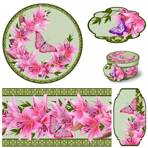 Conjunto para embalagem. Caixa redonda. Etiqueta. Decoupage. Fundo floral. Fronteira de flores. Padrão. Mosaico. Flores. Flor guirlanda de lírios, borboleta brilhante . — Fotografia de Stock