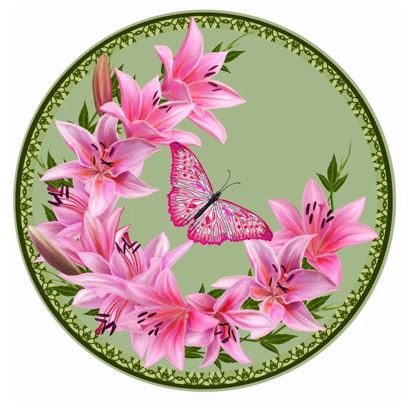 Λουλούδια. Λουλούδι στεφάνι από κρίνα, φωτεινή πεταλούδα σε έναν κύκλο. Στρογγυλή μορφή. Ζωγραφική. — Φωτογραφία Αρχείου