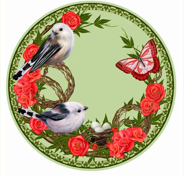 Kleine witte vogel tegen een achtergrond van rode bloemen, geweven uit twijgen, nest met eieren, cirkel. Ronde vorm. Schilderij. — Stockfoto