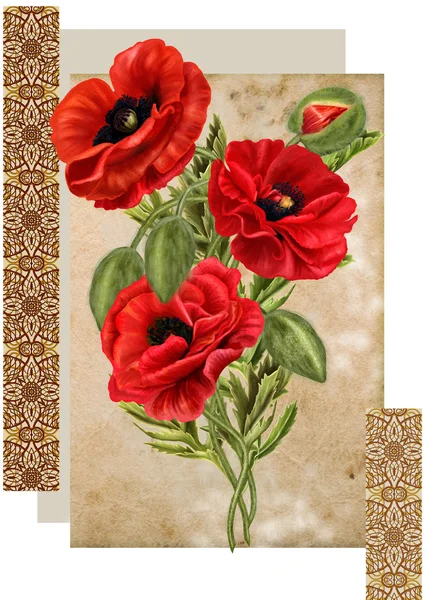 Μπουκέτο με κόκκινες παπαρούνες σε φόντο παλιού χαρτιού και χρυσού μωσαϊκών. Floral φόντο. — Φωτογραφία Αρχείου