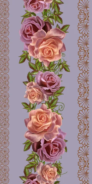 Vertical floral border. Pattern, seamless. Old style. Garland of pink and orange roses, gold border, gold mosaic.