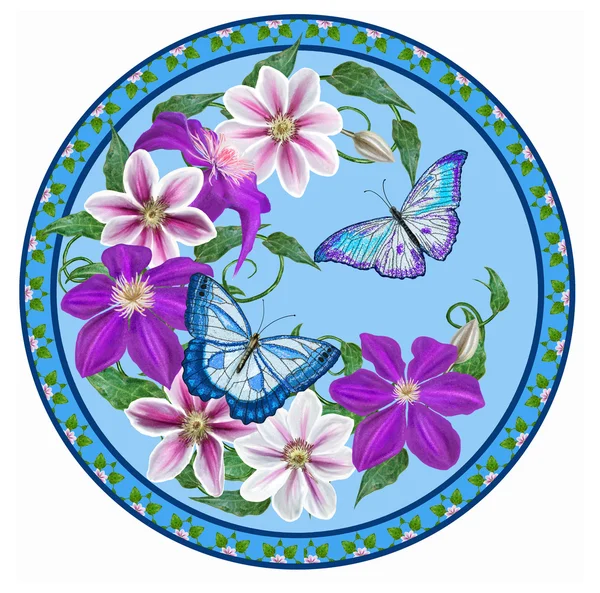 Bloem Clematis roze en paars, heldere vlinders in de cirkel. Ronde vorm. Schilderij. — Stockfoto