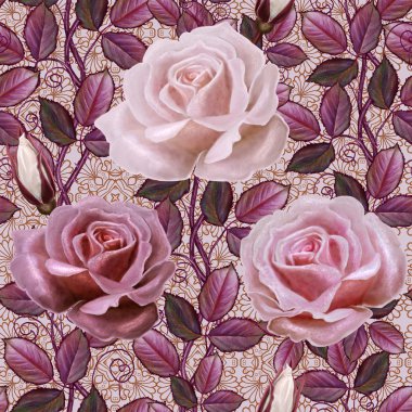 Pastel güller. Kırmızı yapraklar. Çiçek arka plan, desen, sorunsuz. 