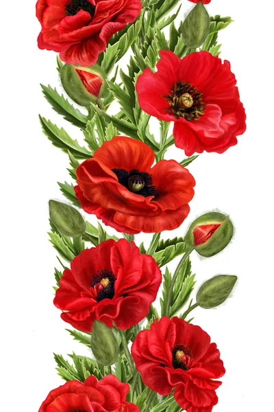 Isolated. White background. Vertical floral border. Pattern. seamless. Flower garland of red poppies. — Zdjęcie stockowe