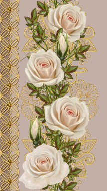 Dikey çiçek sınır. Desen, sorunsuz. Eski stil, altın sınır, altın Mozaik. Pastel gül.