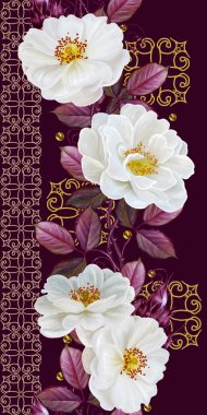 Dikey çiçek sınır. Desen, sorunsuz. Eski stil, altın sınır, altın Mozaik. Gül ve kırmızı yaprakları çiçek çelenk.