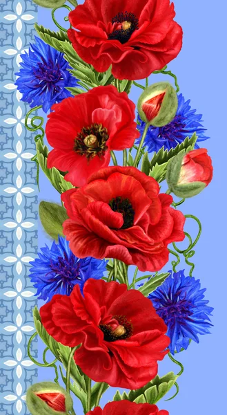 Borda floral vertical. Padrão, sem costura. Papoilas vermelhas e flores de milho azuis . — Fotografia de Stock