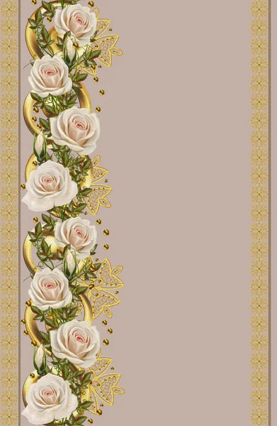 垂直方向の花の境界線。シームレス パターン。古いスタイル、金枠、金のモザイク。パステル調のバラは、花の背景 — ストック写真