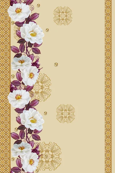 Borda floral vertical. Padrão, sem costura. Estilo antigo, borda dourada, mosaico dourado. Flor guirlanda de rosas e folhas vermelhas . — Fotografia de Stock
