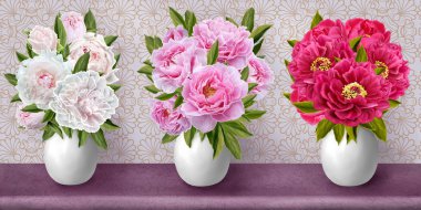 Yatay çiçek sınır. Desen, sorunsuz. Bir vazoda peonies buket. Peonies beyaz, pembe, kırmızı.