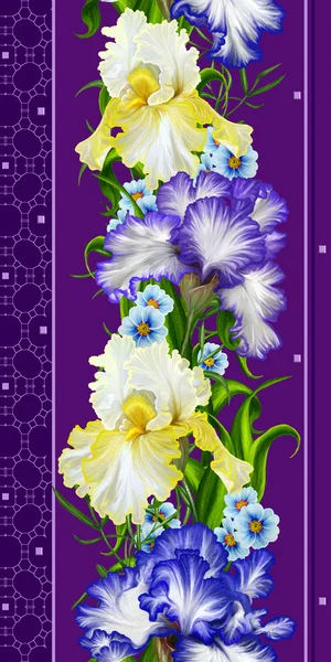 Frontera floral vertical. Patrón, sin costura.Flores iris amarillo, lila y púrpura . — Foto de Stock
