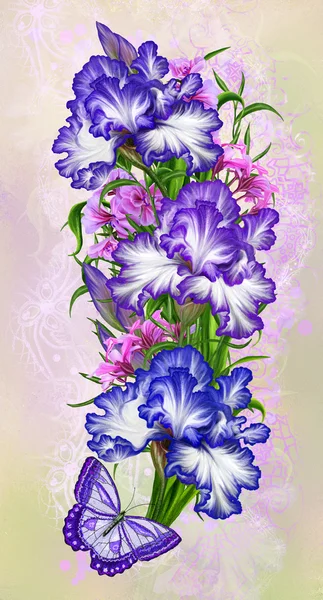 Flower garland of purple irises and pink flowers.