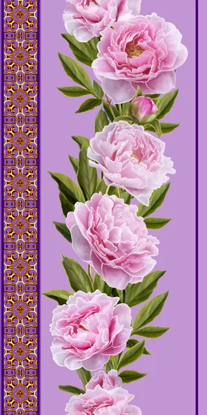 Vertical floral border. Pattern, seamless. Flowers pink peonies. — Stock Photo, Image