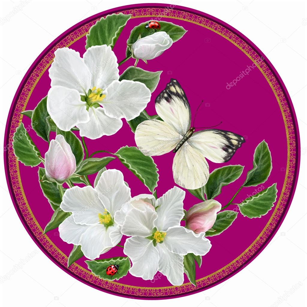 Blooming white apple and white butterfly in a circle. round form. Painting.
