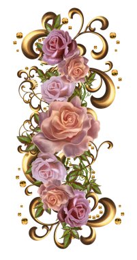 Altın Çerçeve içinde renkli adet gül buketi. Eski stil. Pastel tonları. Çiçek arka plan. İzole.