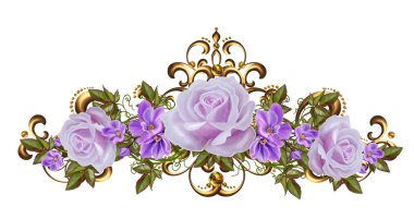 Altın Çerçeve içinde renkli adet gül buketi. Eski stil. Pastel tonları. Çiçek arka plan.