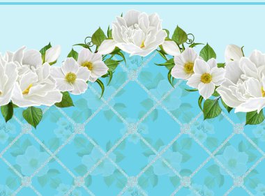 Çiçek arka plan deseni, sorunsuz. Beyaz bahar çiçekleri ve anemon çiçeği garland. Yatay çiçek kenarlık.