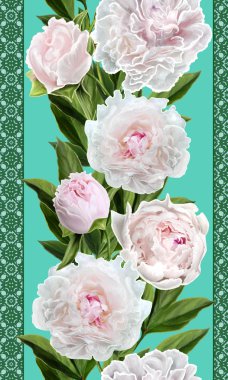 Dikey çiçek sınır. Desen, sorunsuz. Beyaz peonies çiçek çelenk.
