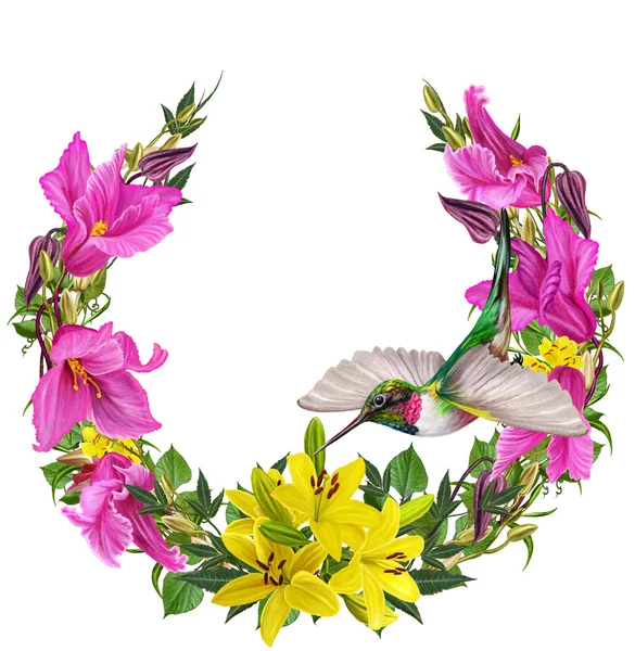 Wreath of pink cyclamen, yellow flowers lilies and green leaves. Little bird hummingbirds. Isolated. — Stock Photo, Image