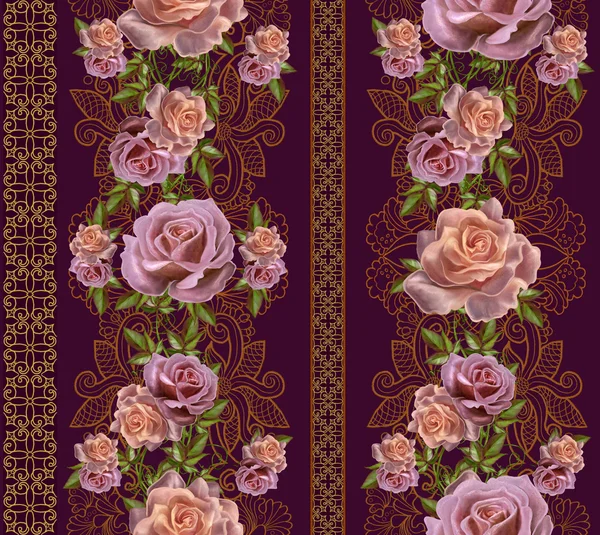 Vertical floral border. Pattern, seamless. Old style. Garland of pink and orange roses, gold border, gold mosaic.