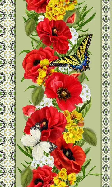 세로 꽃 테두리입니다. 패턴, 완벽 한입니다. 붉은 양 귀 비, 흰 꽃, 녹색 잎, 노란 꽃, 나비 꽃 화 환. — 스톡 사진