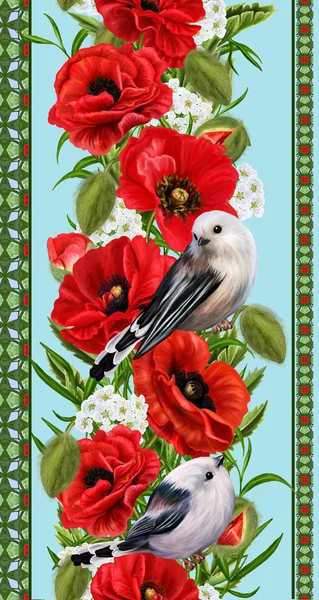 Vertical floral border. Pattern, seamless. Flower garland of red poppies, white flowers, green leaves. Little White Bird
