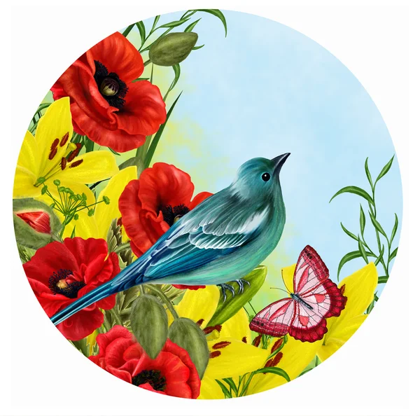 Blue Bird op een achtergrondkleur voor rode papavers en Gele lelies in een cirkel. Ronde vorm. Schilderij. — Stockfoto