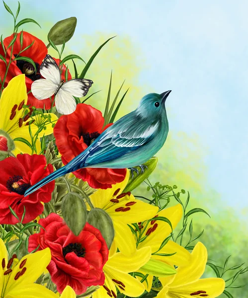 Blue Bird on a background color of red poppies and yellow lilies — Stock Photo, Image