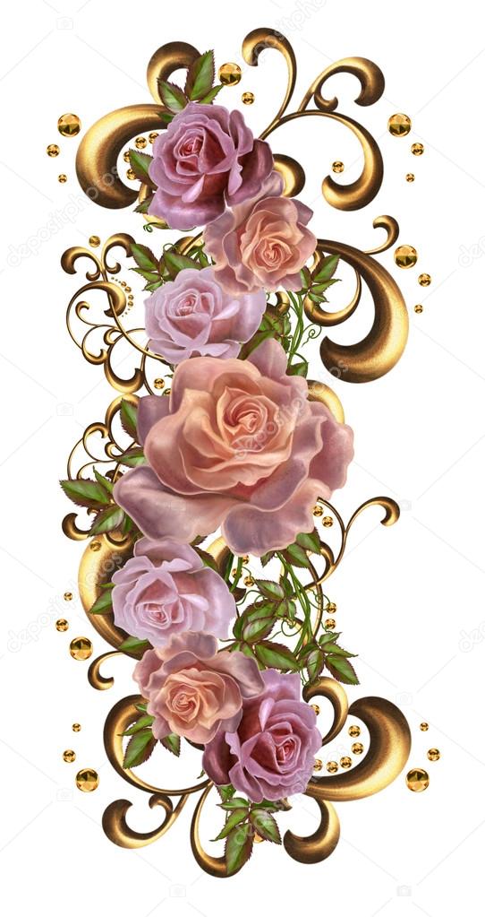 Bouquet colorful roses in a gold frame.Old style. Pastel shades. Floral background. Isolated.