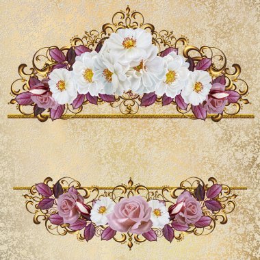 Altın Çerçeve içinde renkli adet gül buketi. Eski stil. Pastel tonları.