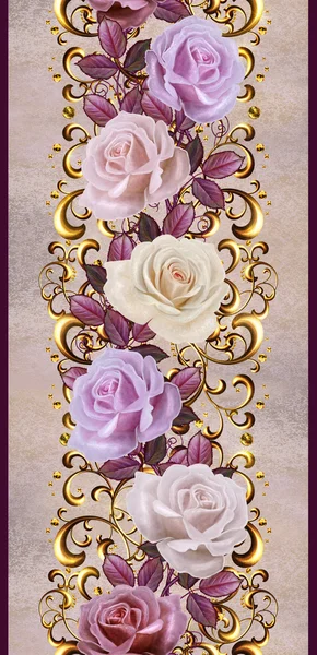 Verticale floral rand. Patroon, naadloze. Oude stijl. Garland van roze en oranje rozen, gouden rand, gold mozaïek. — Stockfoto