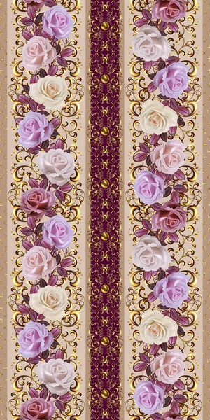 Bordure florale verticale. Motif, sans couture. À l'ancienne. Guirlande de roses roses et oranges, bordure dorée, mosaïque dorée . — Photo