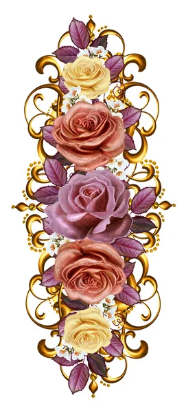 Ramo de rosas de colores en un marco de oro.Estilo antiguo. Sombras pasteles. Fondo floral. Aislado . — Foto de Stock
