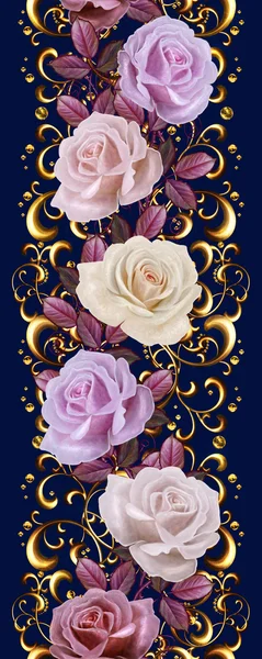 Bordure florale verticale. Motif, sans couture. À l'ancienne. Guirlande de roses roses et oranges, bordure dorée, mosaïque dorée . — Photo