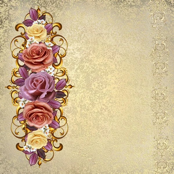 ช่อดอกกุหลาบสีสันสดใสในกรอบทองสไตล์เก่า เฉดสีพาสเทล . — ภาพถ่ายสต็อก