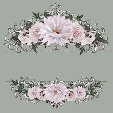 Altın Çerçeve içinde renkli adet gül buketi. Eski stil. Pastel tonları.