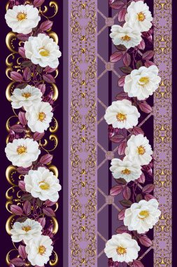 Dikey çiçek sınır. Desen, sorunsuz. Eski stil, altın sınır, altın Mozaik. Gül ve kırmızı yaprakları çiçek çelenk.