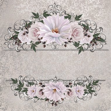 Altın Çerçeve içinde renkli adet gül buketi. Eski stil. Pastel tonları.