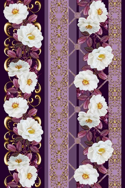 세로 꽃 테두리입니다. 패턴, 완벽 한입니다. 오래 된 스타일, 골드 테두리, 금 모자이크입니다. 장미와 붉은 잎의 꽃 화관. — 스톡 사진