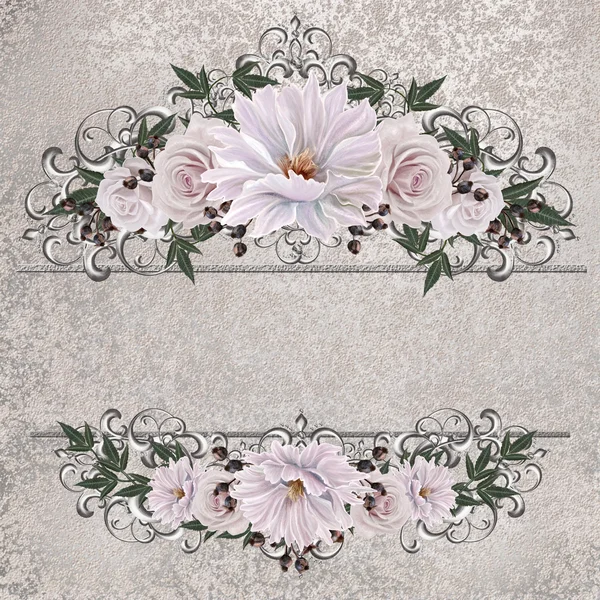 Altın Çerçeve içinde renkli adet gül buketi. Eski stil. Pastel tonları.