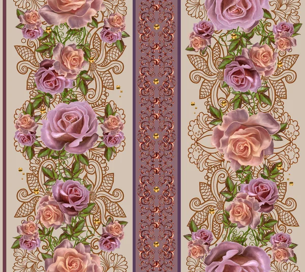 Muster, nahtlos. alten Stils. Girlande aus rosa und orangen Rosen, Goldrand, Goldmosaik. — Stockfoto