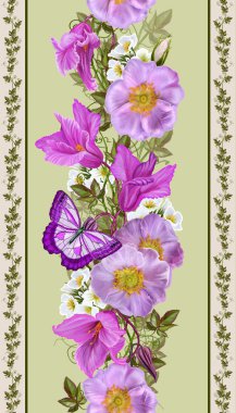 Dikey çiçek sınır. Desen, sorunsuz. Pembe güller ve Kızıl Siklamen çiçek çelenk. Parlak kelebek.