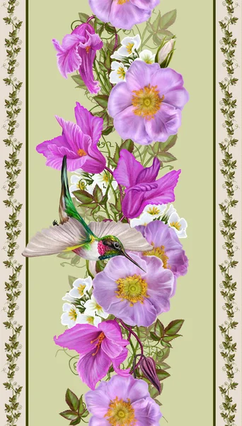 Bordure florale verticale. Motif, sans couture. Guirlande de fleurs de roses roses et de cyclamen pourpre. Petits colibris oiseaux . — Photo