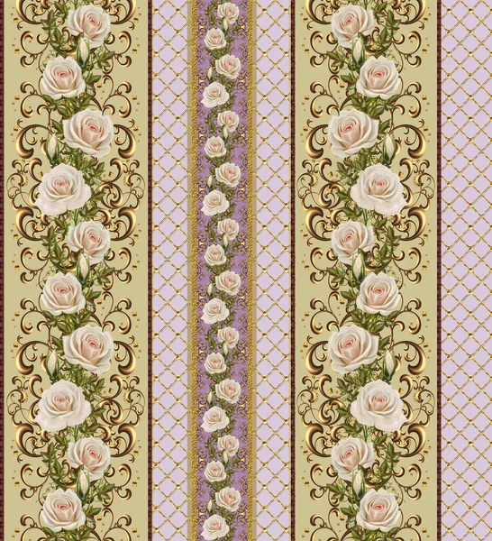 Vertical floral border. Pattern, seamless. Old style. Garland of pink and orange roses, gold border, gold mosaic.