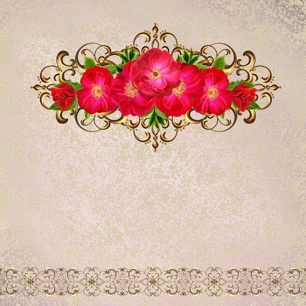 Composition of red roses in a gold frame. Old style. Pastel shades. Floral background. — Stock Photo, Image