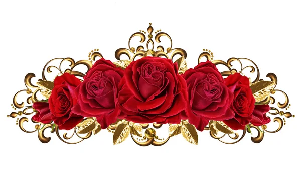 Composição de rosas vermelhas em uma moldura de ouro, isolado. Tecelagem dourada . — Fotografia de Stock